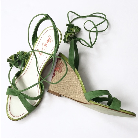 EUC Miss Sixty Green Ankle Tie Wedge Sandals - Picture 2 of 8